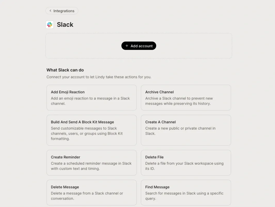 Connecting a Slack account in Lindy, showing the actions it can then take.