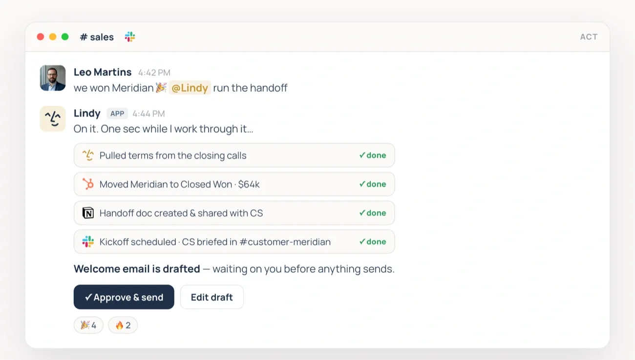 A sales rep asks Lindy to run a deal handoff; Lindy updates HubSpot, creates the doc, briefs CS, and waits for approval before sending.