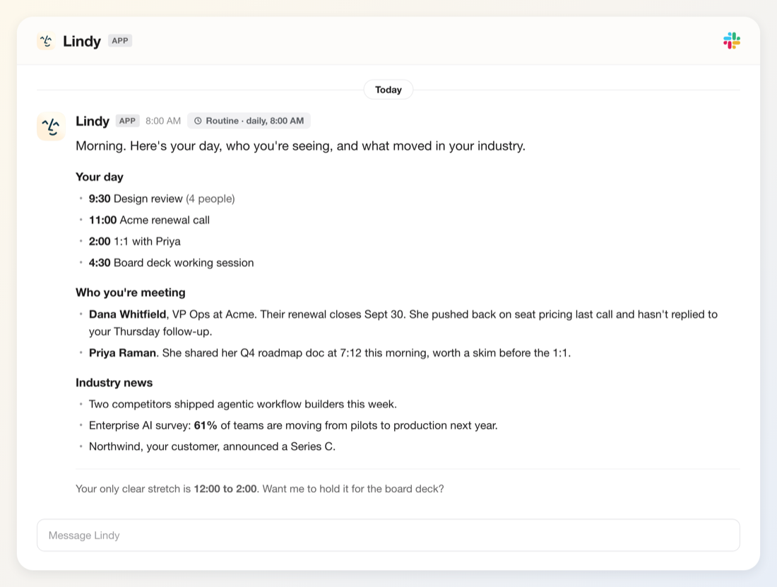Lindy's daily brief in a Slack DM, listing the day's meetings and who the user is meeting.