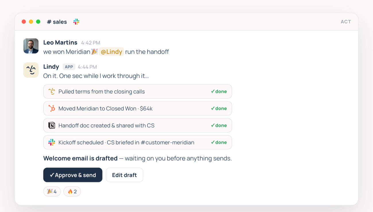 A sales rep asks Lindy to run a deal handoff; Lindy updates HubSpot, creates the doc, briefs CS, and waits for approval before sending.