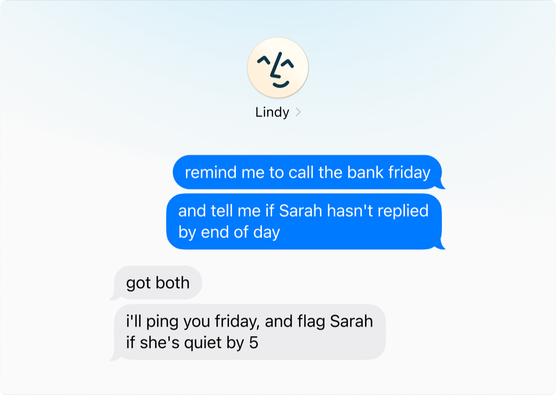 An iMessage thread with Lindy handling two delegated reminders.