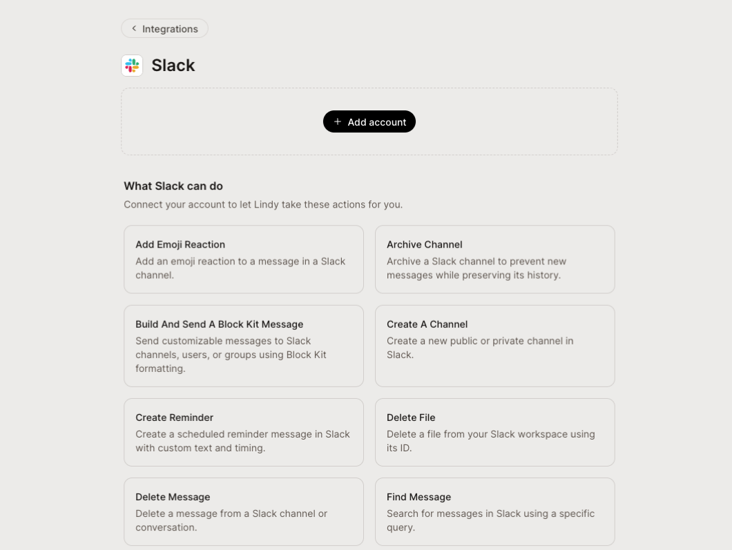 Connecting a Slack account in Lindy, showing the actions it can then take.