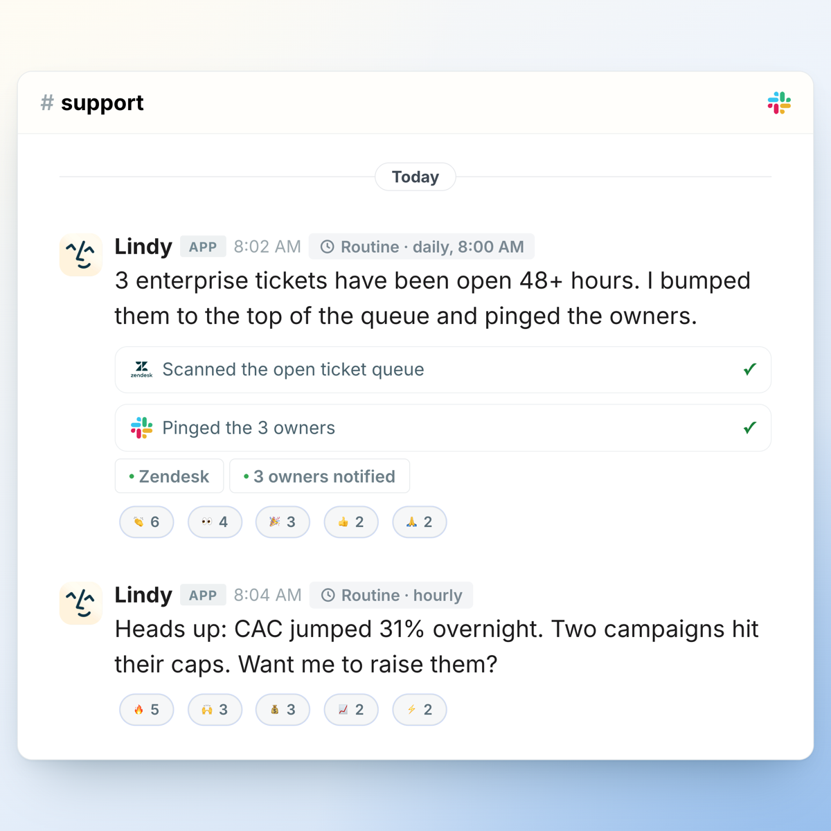 Lindy triaging an open support queue in Slack and pinging the owners.