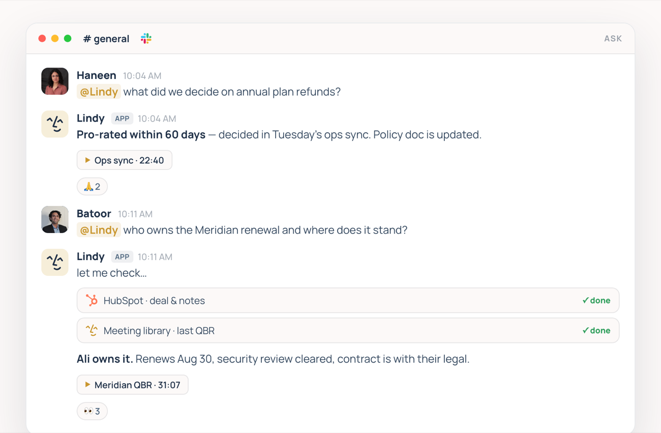 Two teammates asking Lindy questions in a Slack channel; Lindy answers each with the source it used.